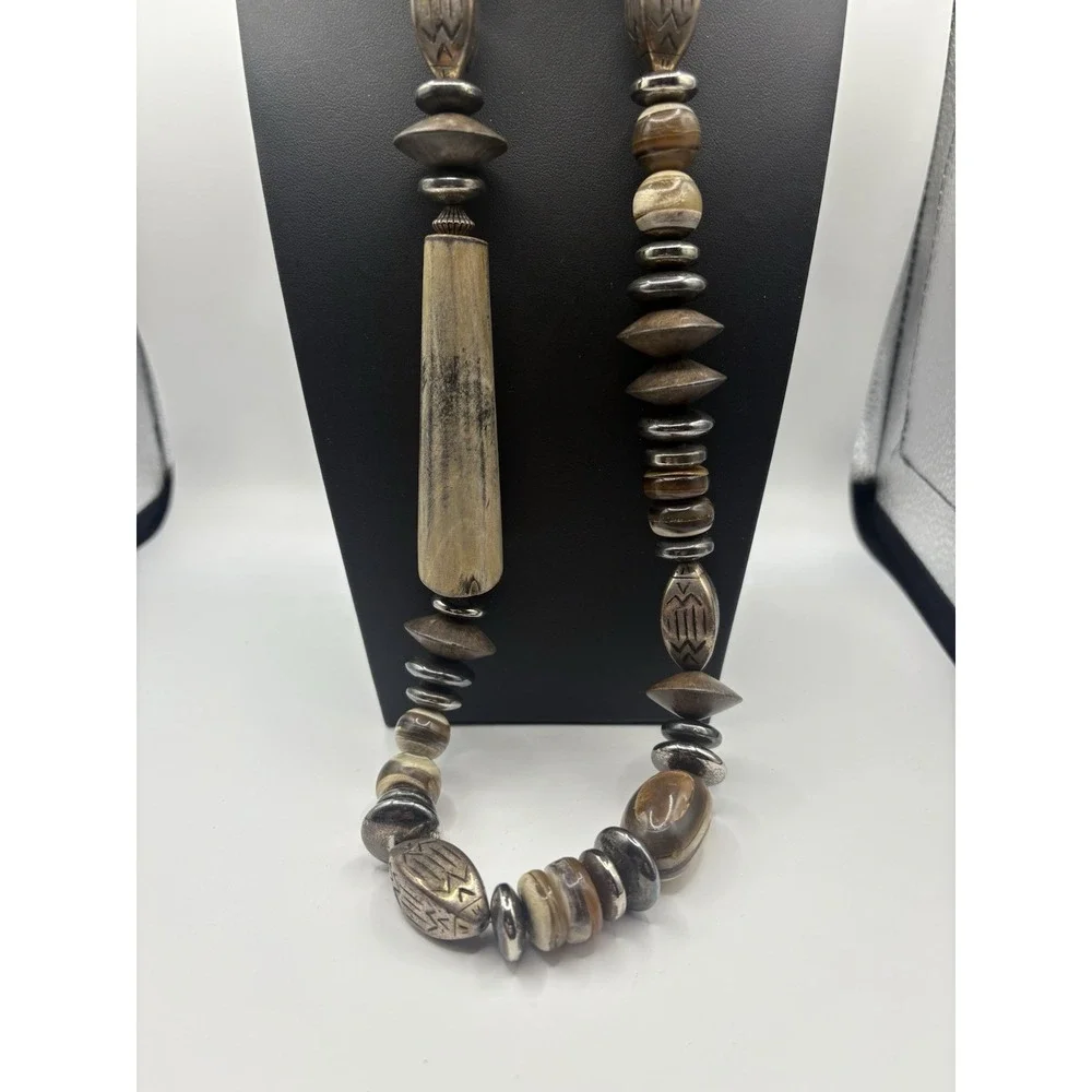 Vtg Designs By Paula Statement Necklace‎ Horn Wood Silver Toned Beads